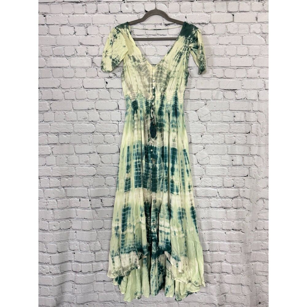 NWT Paani Tie Dye Smocked Open Back Maxi Dress High Low Hem Women S Boho Peasant